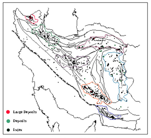 Figure 1. Distribution of copper deposits and indications in Iran (Qorbāni, 2002/03).
