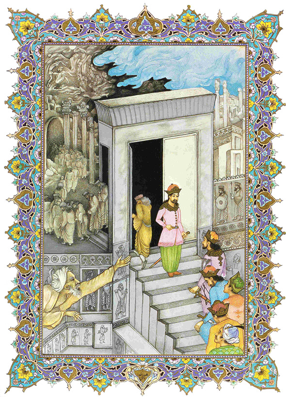 PLATE VII Illustration by Ḥosayn Behzād included in Hossein-Ali Nouri Esfandiary&rsquo;s multilingual edition of the Rubaiyat (n.p. [Japan], 1970). The illustration is related to quatrain 16 in FitzGerald&rsquo;s first edition, as well as to a quatrain in the original Persian and a French translation by Abolgassem Etessam-Zadeh.