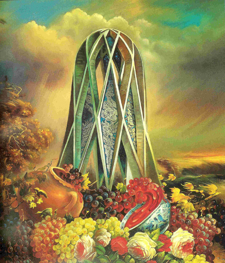 PLATE V Illustration by Ḥojjat &Scaron;akibā (born 1949), published in a multilingual edition by Gooya House in Tehran in 1999. The illustration is not related to a specific quatrain but based on the actual tomb of Khayyam in Nishapur.