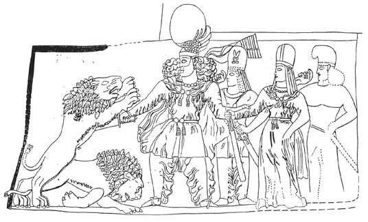 Figure 2. Relief of Bahrām II at Sar-e Mašhad, depicting the king confronting two lions and holding hands with a female figure (likely the queen). Two dignitaries stand behind the king: the high priest (mowbed) Kartīr with a pair of scissors on his tall hat as heraldic emblem (nišān); and an unknown personage. Trümpelmann, 1975, plate 7, with the addition of the ornament added on the shoulder of the attacking lion by Tanabe, 1990, p. 30, Fig. 2b. © Deutsches Archäologisches Institut, Fotoarchiv Teheran, all rights reserved.