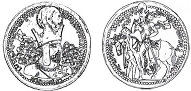 Figure 3. Medallion of Šāpur I receiving homage from Philip the Arab executing a genuflexion. Alram, Blet-Lemarquand, and Skjærvø, 2007, 19, no. 19.