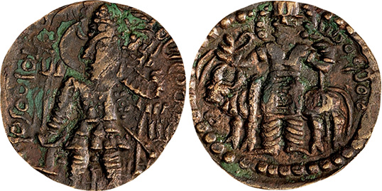 Figure 2. Pērōz I Ku&scaron;ān&scaron;&macr;āh bronze coin (2.8 g, 18.5 mm). Balkh mint. Recto legend (in Bactrian): &Pi;IP&Omega;ZO OOZOPKO KO&THORN;ANO &THORN;OYO (Pērōz Great Kushan Shah). Verso legend: OOPZAOAN&Delta;O IAZA&Delta;O (Exalted god). American Numismatic Society 1987.46.19 (public domain).