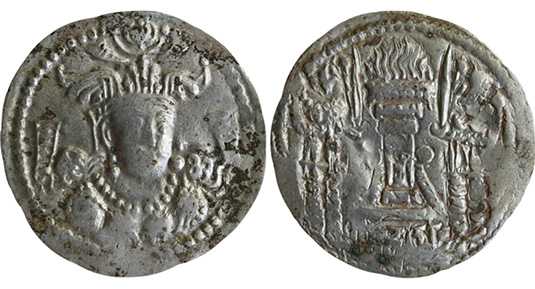 Figure 3. Kidarite silver drachm (3.65 g, 28 mm). Unidentified mint; obverse legend: absent; reverse legend (name of the ruler in Brāhmī): Buddhatala. American Numismatic Society 1996.75.1 (public domain).​