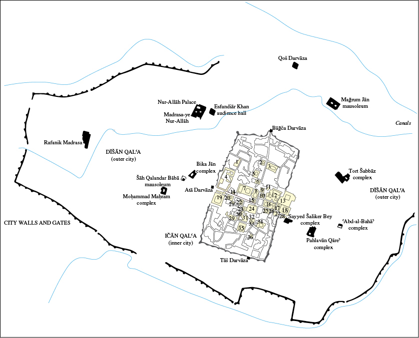 Figure 2. Sketch map of Khiva, 19th-20th centuries. Map data from openstreetmap.org; nomenclature after Yuri Bregel, An Historical Atlas of Central Asia, Leiden and Boston, 2003, pp. 98-99. Monuments of the Ičān Qalʿa: (1) Atā Morād Qošbegi mosque; (2) Ḥasan Morād Qošbegi mosque; (3) Amir Tora madrasa; (4) Kohna Ark, “Old Citadel”; (5) Musā Tora madrasa; (6)Yusof Yasāvol-bāši madrasa; (7) Moḥammad Raḥim Khan II madrasa; (8) ʿArab Moḥammad Khan I madrasa; (9) Dost Aʿlam madrasa; (10) Moḥammad Amin Ināq madrasa; (11) Uč Awliā mausoleum; (12) Tāš-ḥawli palace; (13) Allāh-qoli Khan caravanserai and storehouse; (14) Shaykh Moḵtār Atā mosque; (15) Moḥammad Panāh Bey madrasa; (16) Qotloḡ Morād Ināq madrasa; (17) Ḵojam-berdi madrasa; (18) Allāh-qoli Khan madrasa; (19) Moḥammad Amin Khan madrasa and minaret; (20) Moḥammad Niāz Divānbegi madrasa; (21) Sayyed ʿAlā-al-Din mausoleum; (22) Qażi Kalan madrasa; (23) Ḵojaš Maḥram madrasa; (24) Friday mosque; (25) ʿAbd-Allāh Khan madrasa; (26) Aq-masjed mosque; (27) Anuša Khan bath; (28) Pahlavān Darvāza; (29) ʿAbd-al-Rasul Bey madrasa; (30) Qāreʾ-ḵāna; (31) Pahlavān Maḥmud mausoleum; (32) Mazār-e Šarif madrasa; (33) Atājān Bey madrasa; (34) Eslām Ḵᵛāja madrasa and minaret; (35) Šir Ḡāzi Khan madrasa; (36) Bāḡbānli mosque.