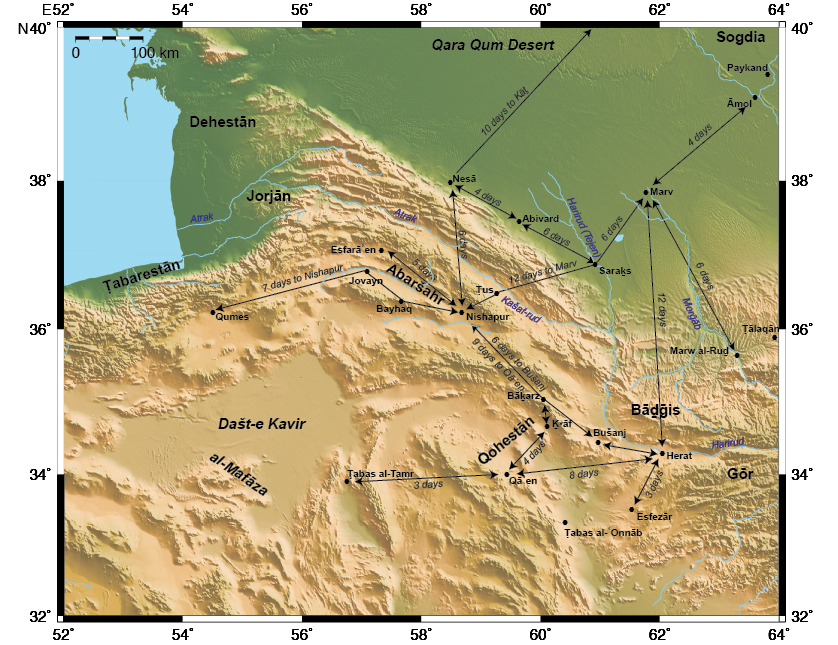 Figure 1. “Sasanian Khorasan” or “Marv and Inner Khorasan.” (Map created with Generic Mapping Tools and NOAA topographic data.)