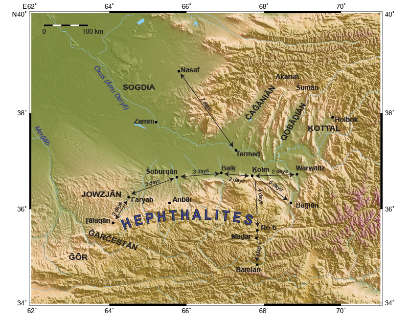 Figure 2. Ṭoḵārestān. (Map created with Generic Mapping Tools and NOAA topographic data.)