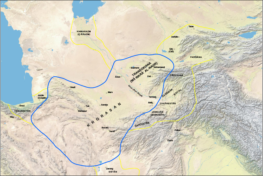 Figure 1. The Samanid Realm: Core territories (blue border); areas under local rulers, contested, or tributary (yellow border). After R. N. Frye, ed., Cambridge History of Iran IV, Cambridge, 1975, p. 139. (Map background data from US National Park Service World Physical Map.)
