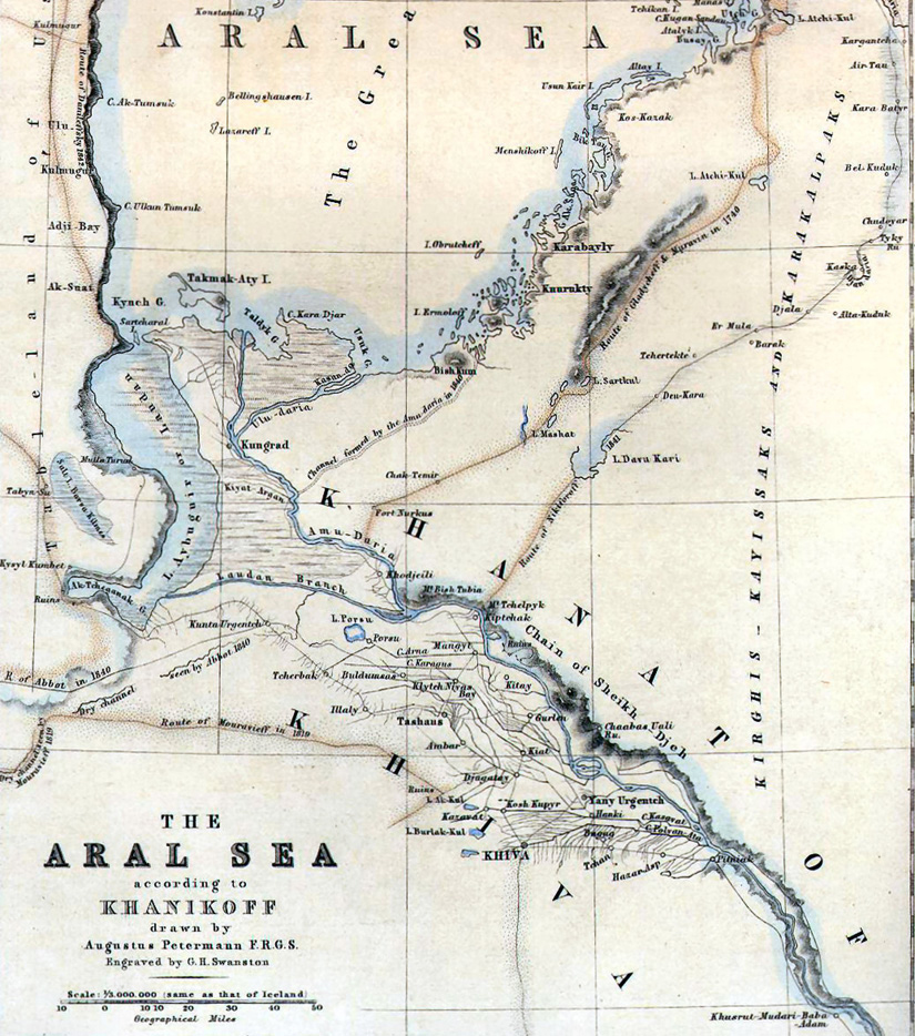 Figure 1. Map of the Khanate of Khiva; detail from map by Nikolai Khanykov (q.v.), drawn by Augustus Petermann, “Portions of the Russian Empire in Eastern and Western Asia: The Aral Sea According to Khanikoff,” London and Edinburgh, ca. 1860.