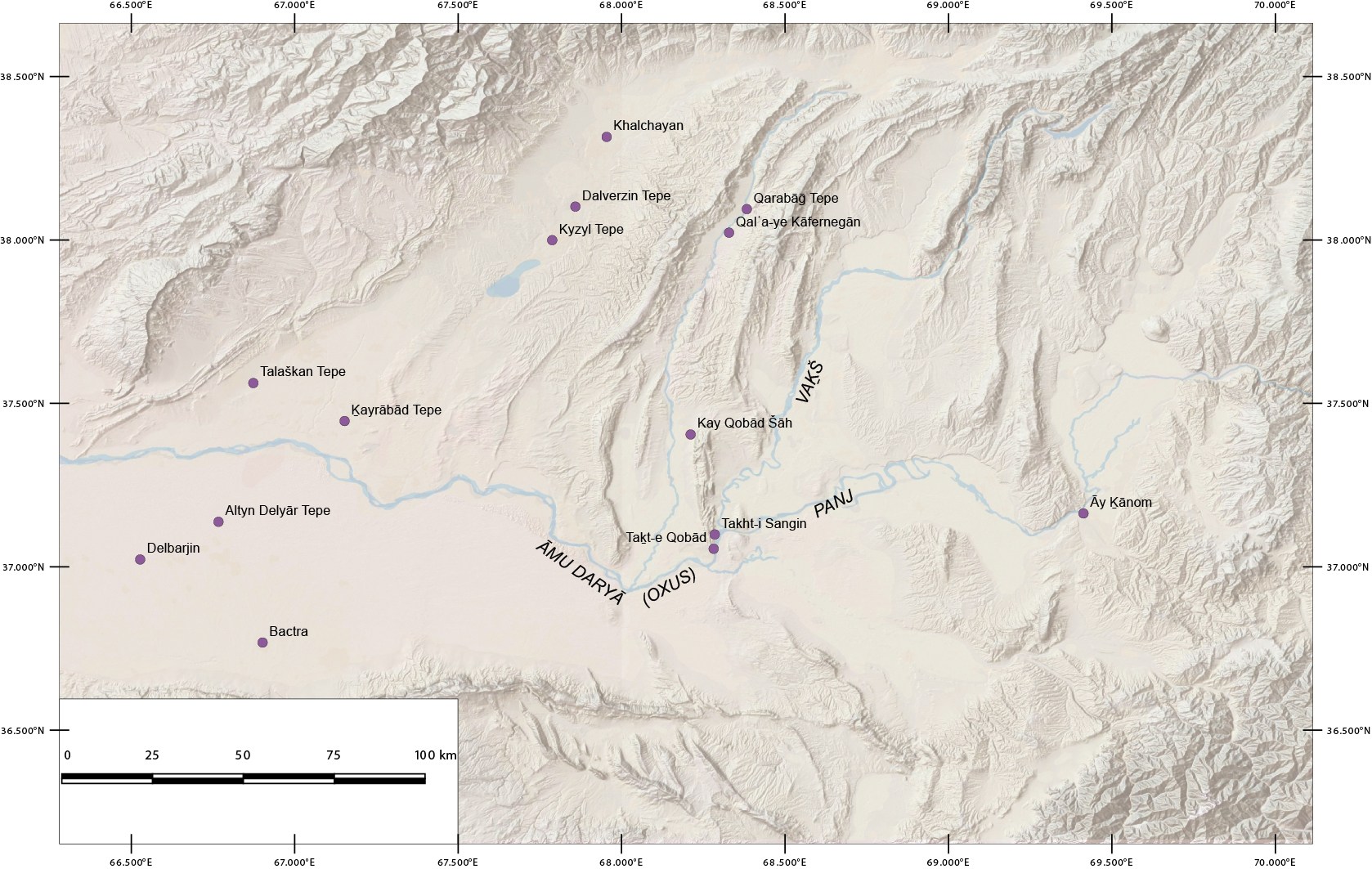 Figure 1. The location of Takht-i Sangin relative to other sites in Bactria of the late Achaemenid-Hellenistic period. Map background © OpenStreetMap contributors and the GIS User Community.