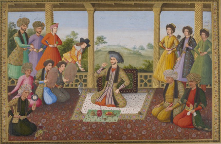 PLATE IV. “Shah Solaymān with his Courtiers,” ʿAliqoli Jebādār ḡolām-zāda qadim, ca. 1666-68. MS Institute of Oriental Manuscripts, St. Petersburg, Album E-14, fol. 98r. © Russian Academy of Sciences, the Institute of Oriental Manuscripts, St. Petersburg.