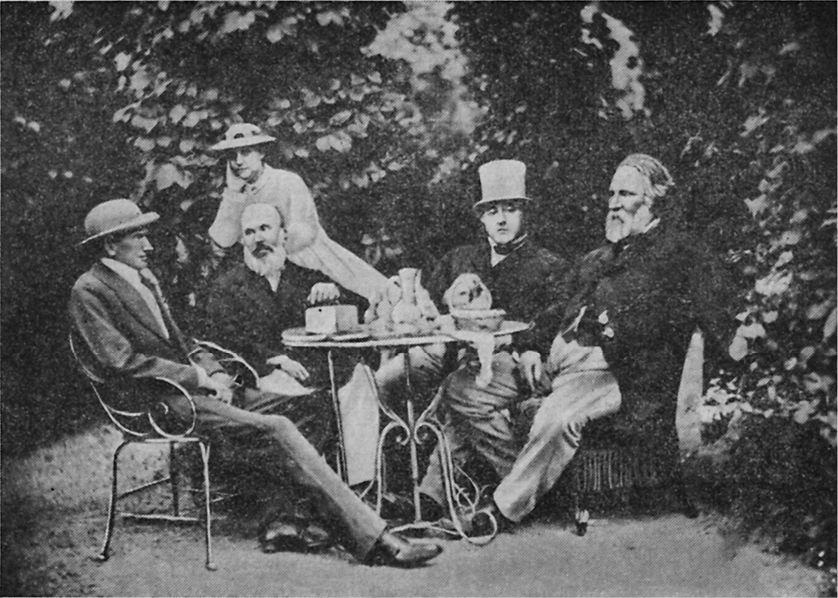 PLATE I Nikolai Khanykov with Ivan Turgenev at the summer home of Nikolai Milyutin in Baden Baden, 1867. From left to right: Konstantin K. Grot, N. A. Milyutin and his wife, Nikolai Khanykov, Ivan Turgenev. After Khalfin and Rassadina, p. 229.