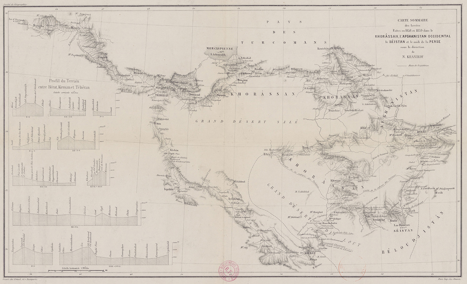 Figure 1. Map of Khorasan and central Iran prepared under the direction of Nikolaĭ Khanykov for the Société de Géographie (“Carte sommaire des levées faites en 1858 et 1859 dans le Khorâssan, l’Afghanistan occidental, le Seistan et le midi de la Perse sous la direction de N. Khanikof,” Bibliothèque nationale de France, département Cartes et plans, GE D-9974). Used by permission of the Bibliothèque nationale de France.