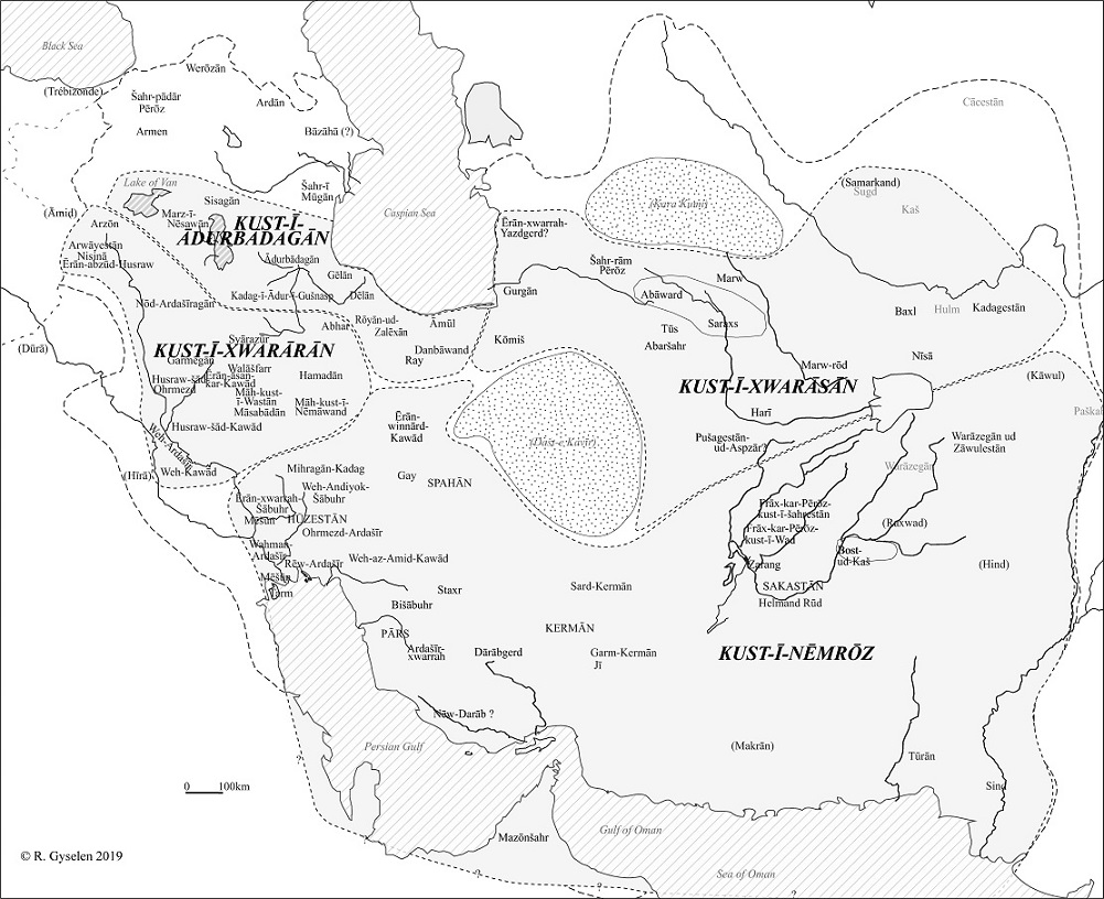 Map 1. Map of the four kust of Ērānšahr, after Gyselen, 2019, pp. 276-77, map 5a-b. (All illustrations for this article reproduced by permission of the author.)