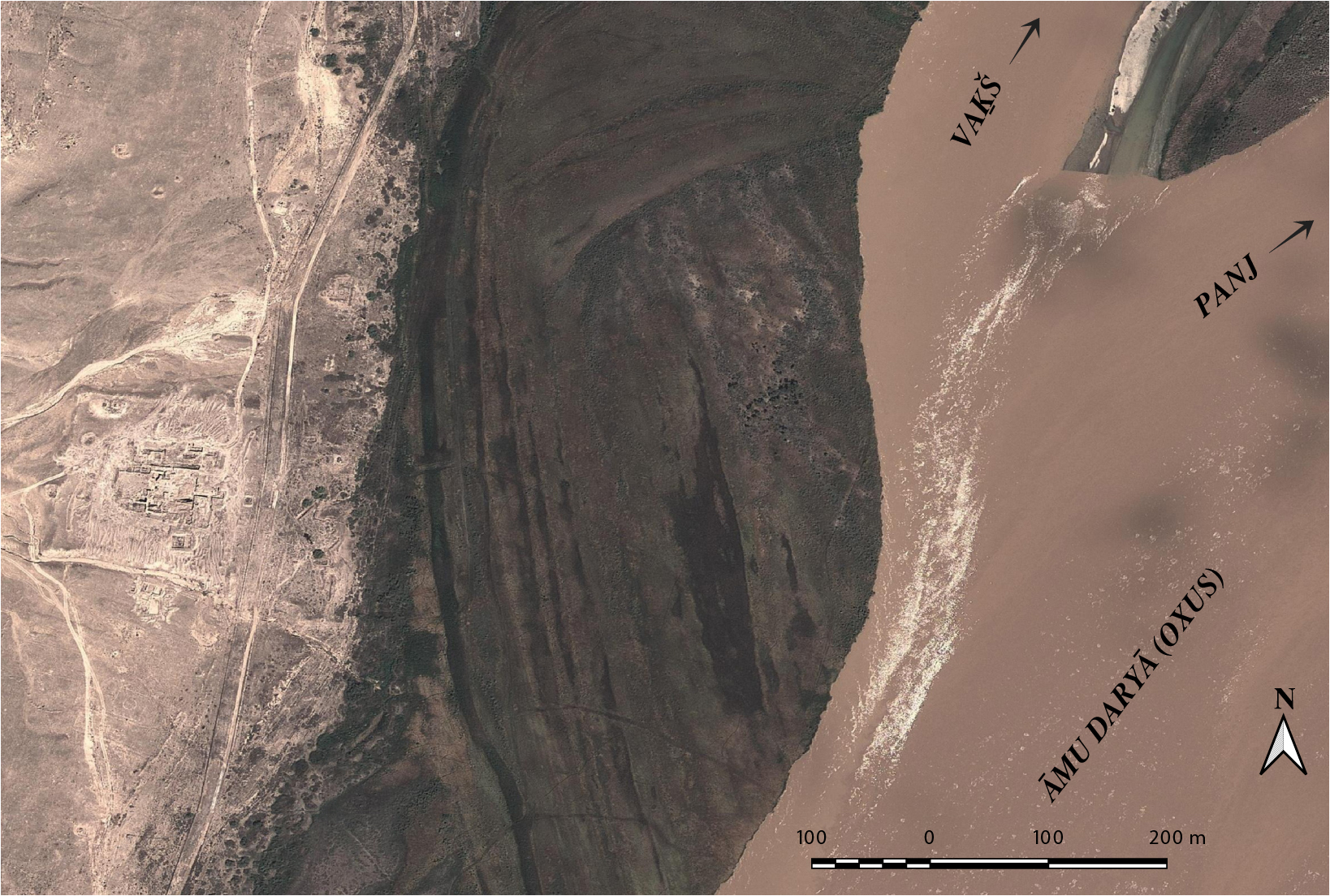 Figure 3. Aerial view of the Citadel and Temple of the Oxus, Takht-i Sangin. Background: Google Earth image © CNES/Airbus, Maxar Technologies.