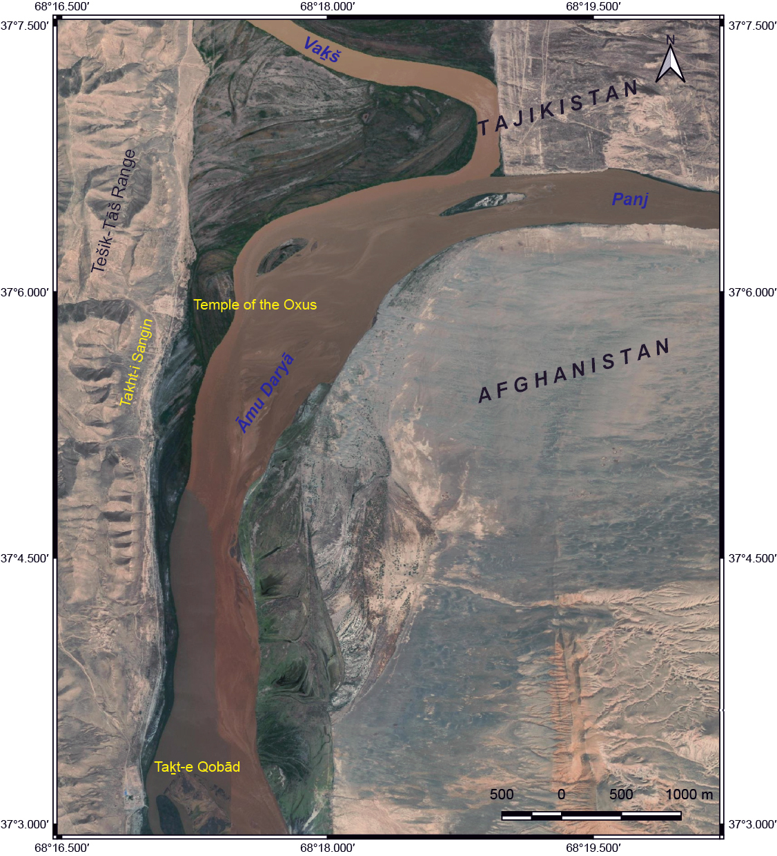 Figure 2. Aerial view of the area from the site of Takht-i Sangin to Taḵt-e Qobād. Background: Google Earth image © 2022 CNES/Airbus, Maxar Technologies.