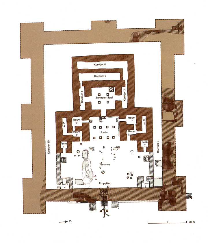 Figure 4. Floor plan of the Temple of the Oxus, Takht-i Sangin, with the Hellenistic construction phase highlighted. From G. Lindström, “Der Oxos-Tempel: Räumliche Aspekte und Kultkontinuität im Spiegel der Votivpraxis,” in S. Hansen, D. Neumann, and Tilmann Vachta, eds., Raum, Gabe und Erinnerung: Weihgaben und Heiligtümer in prähistorischen und antiken Gesellschaften, Berlin, 2016, p. 284, fig. 4. Reproduced by permission.