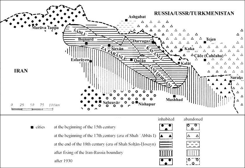Figure 1. Territories in Khorasan occupied by Kurdish tribes and nomads (Papoli Yazdi, 1991, p. 31).