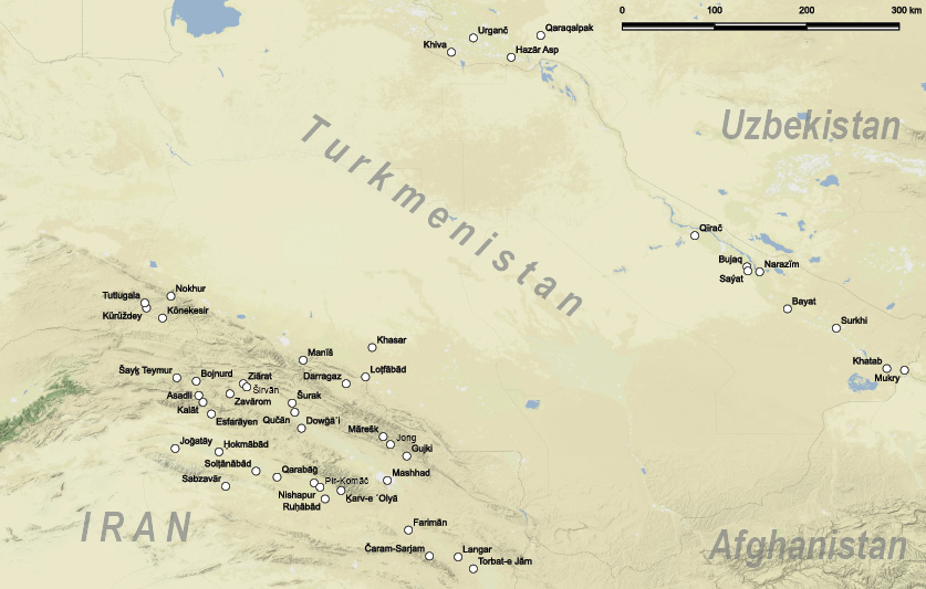 Figure 2. Turkic-speaking areas (surveyed in Doerfer, 1977, pp. 203-4). Map background © Stamen Design, under CC BY 3.0.