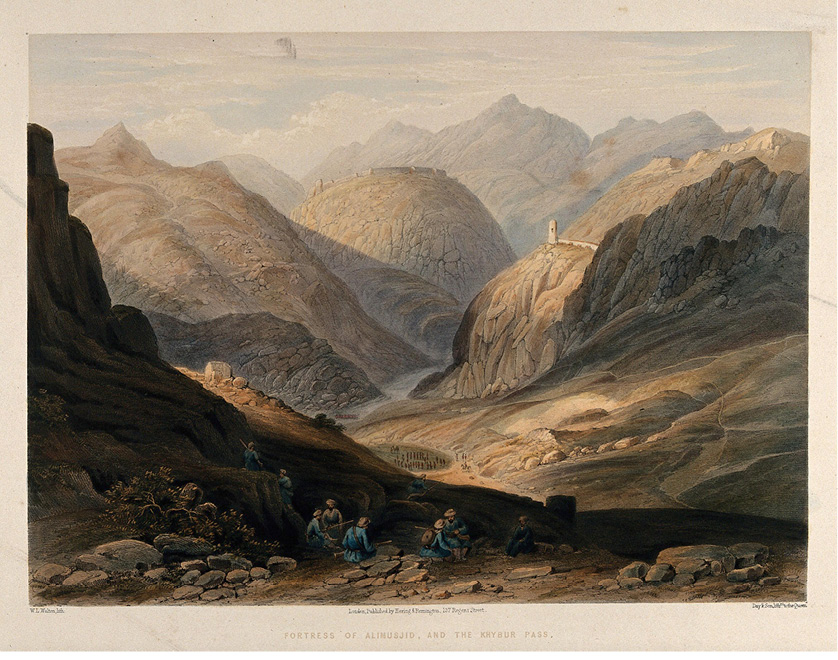 Figure 3. The Khyber Pass with the fortress of ʿAli Masjed, Pakistan. Chromolithograph by W. L. Walton after Lieutenant James Rattray, c. 1847. Credit: Wellcome Collection. Attribution 4.0 International (CC BY 4.0).