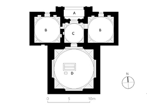Figure 1. Plan of the mausoleum of Najm-al-Din Kobrā: (a) monumental entry (pišṭāq); (b) prayer rooms; (c) vestibule; (d) mortuary chamber (gurḵāna) and cenotaphs (one for body and one for head). Redrawn by Timothy M. Ciccone following V. I. Piliavsky (1974), I. I. Notkin (1959), and notes/photographs on site.